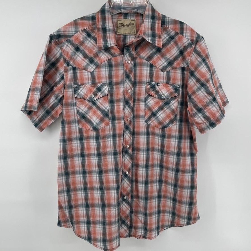 Wrangler Shirt Mens Large Orange Plaid Short Sleeve Western Pearl Snap Rodeo